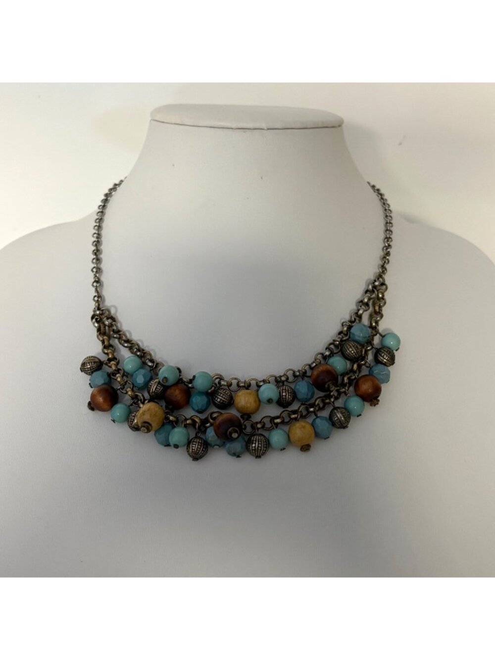 NY Faux Turquoise Beaded Necklace Brown Wood and Metal Beads Boho Southwestern